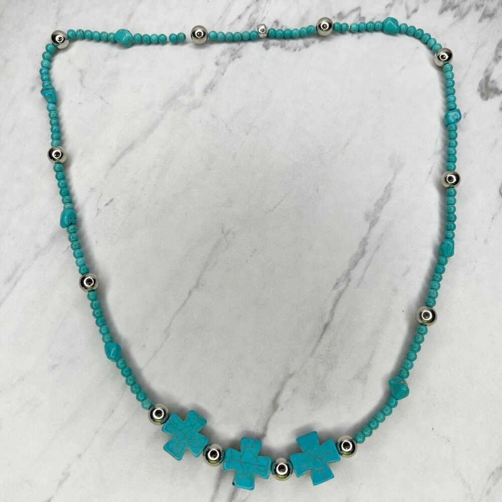 Faux Turquoise Beaded Cross Stretch Necklace